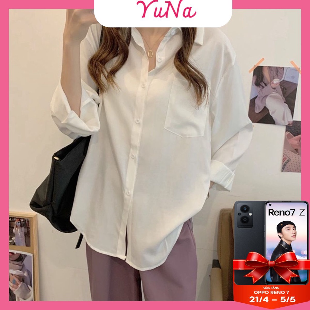Áo sơ mi nữ Maika  form rộng dài tay màu trắng lụa hàn mát mịn phong cách Ulzzang Hàn Quốc