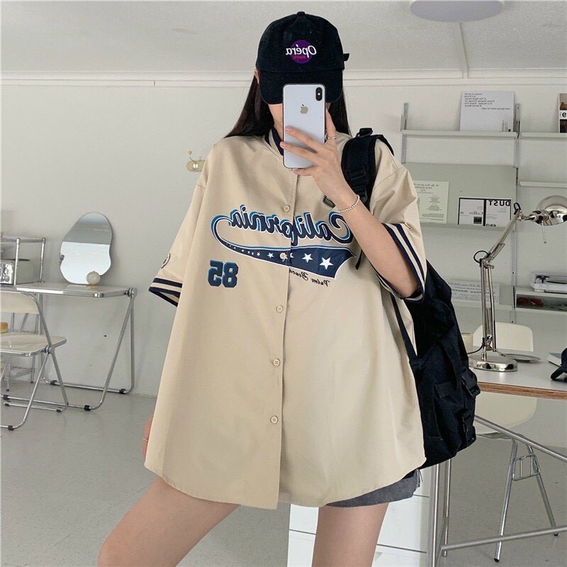 Áo sơ mi tay lỡ unisex form rộng, in hình kiểu dáng bazic