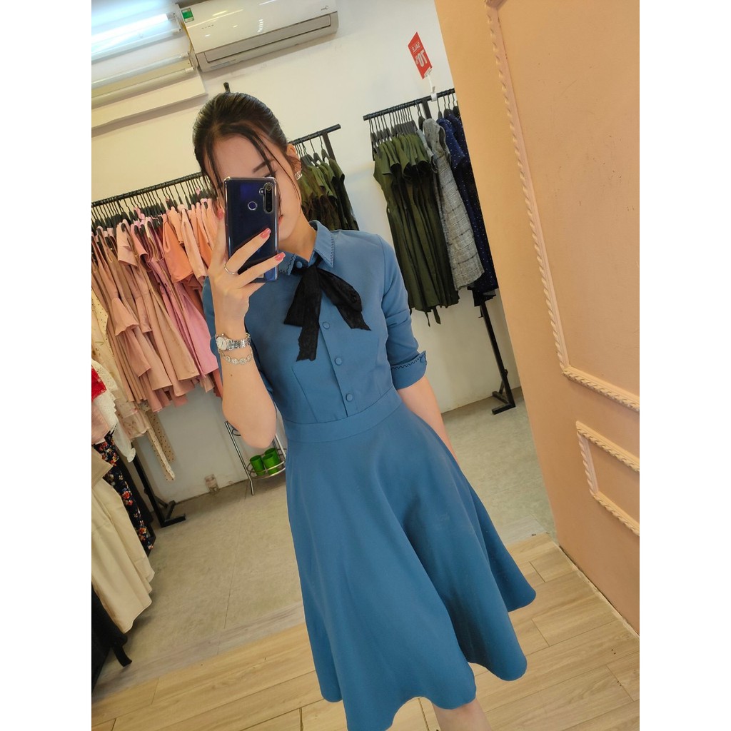 ĐẦM XANH CỔ ĐỨC K060 - Mimosa Store (Hàng may thiết kế ,ảnh thật shop tự chụp)