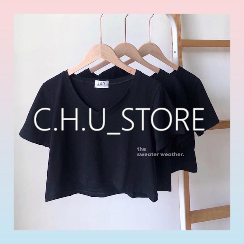 Áo Croptop Cổ Tim chustore Nữ [FREESHIP] 🌸 Thun cộc tay basic chữ V, phông trơn ngắn màu ĐEN | TRẮNG