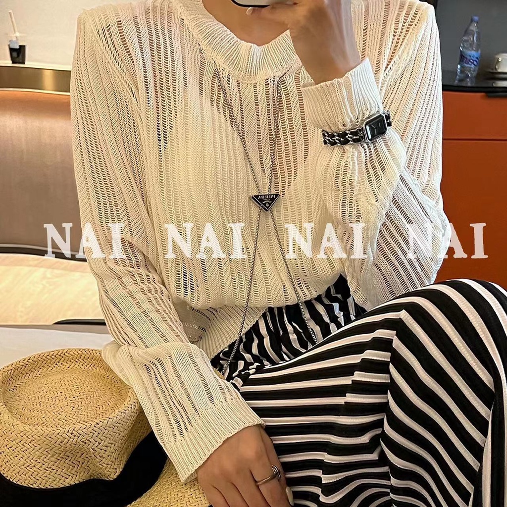 Áo dệt kim mỏng SUXI tay dài dáng rộng họa tiết kẻ sọc thời trang mùa hè xinh xắn cho nữ