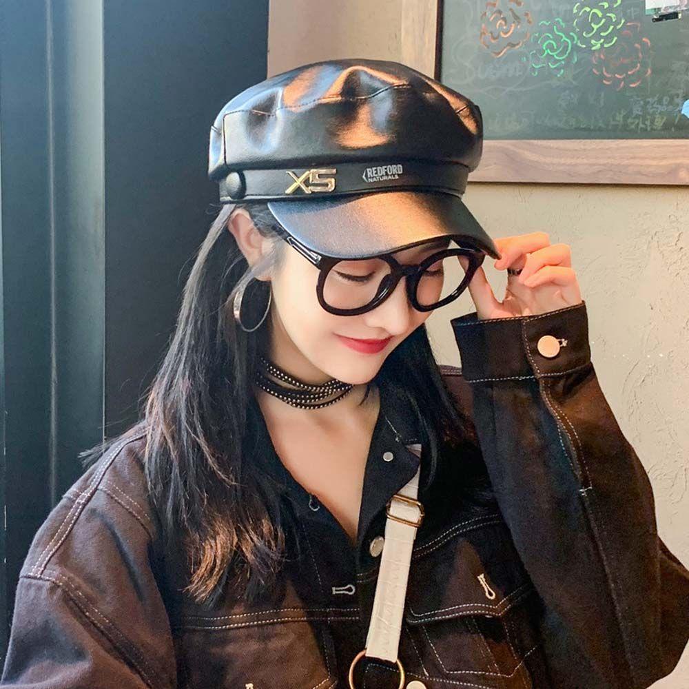Mũ Beret Da PU Phối Dây Xích Phong Cách Retro Thời Trang Thu Đông Dành Cho Nữ