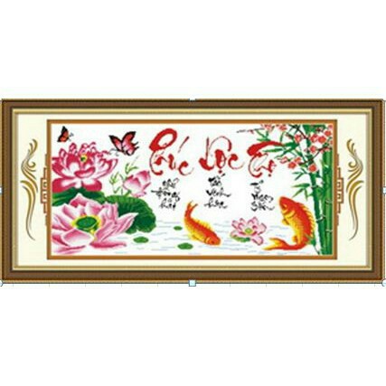 Tranh Thêu Chữ Thập Phúc Lộc Thọ - Cá Sen Trúc 8095 Chưa Thêu