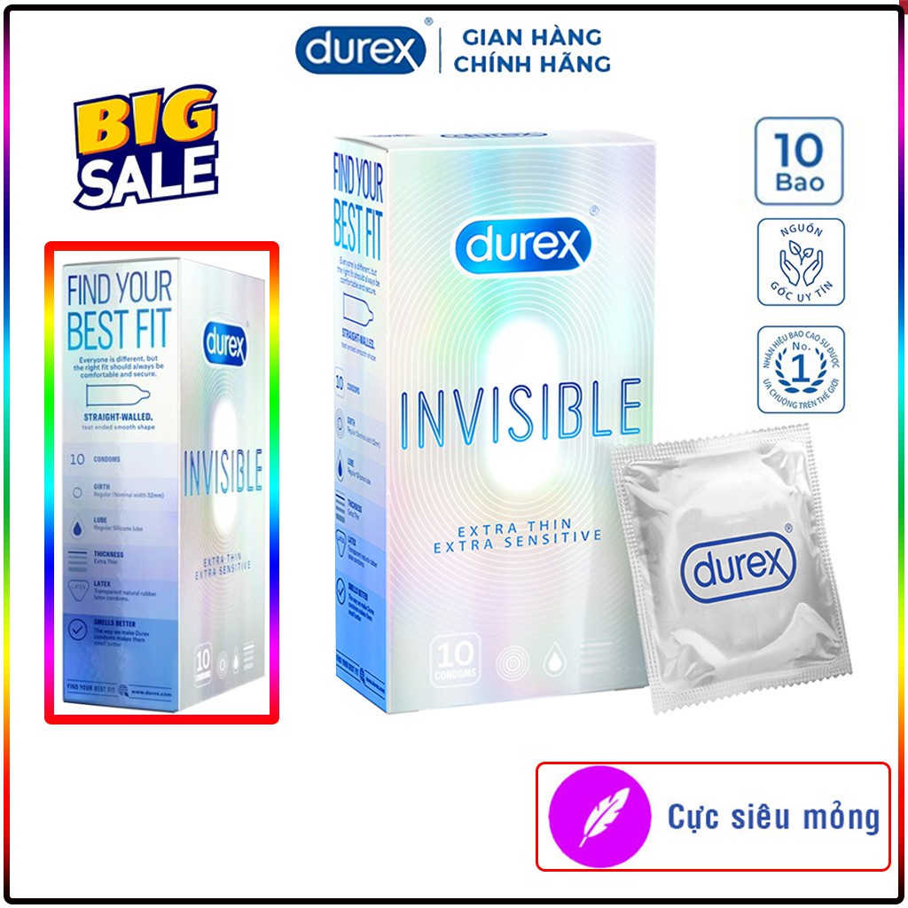 Bao cao su Durex Inivisible Extrathin siêu mỏng, tăng cường bôi trơn cho nam nữ, tạo khoái cảm quan hệ.Che tên SP