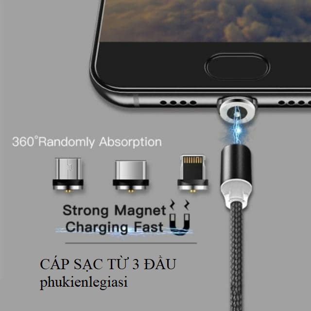 3 in 1- Cáp sạc từ hút nam châm 3 đầu Iphone- micro USB - Type C xoay 360 độ dây dù