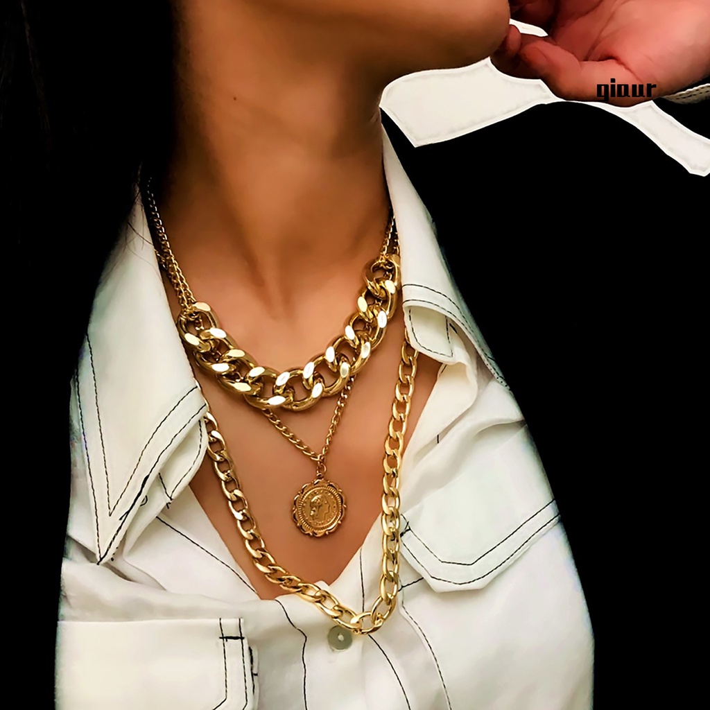 Vòng cổ nhiều lớp mặt hình nữ hoàng phong cách hip hop cho nữ chất liệu hợp kim