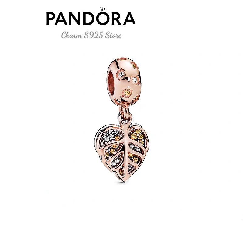 charm pan treo hình lá vàng hồng bạc s925