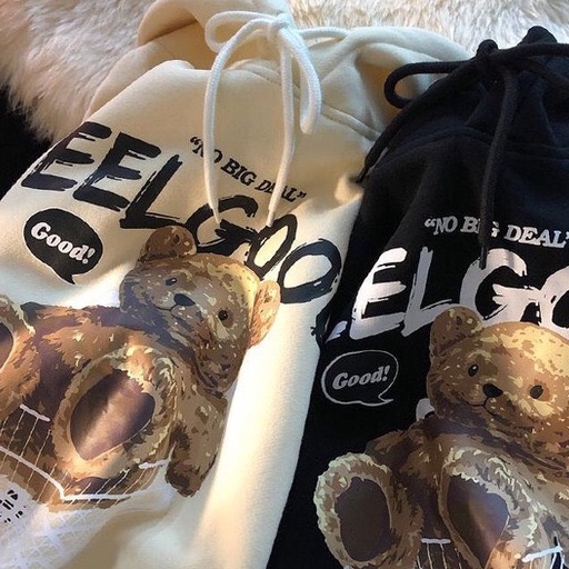 Áo hoodie nam nữ form rộng 2N Unisex nỉ bông in hình gấu FEEL GOOD màu đen/be