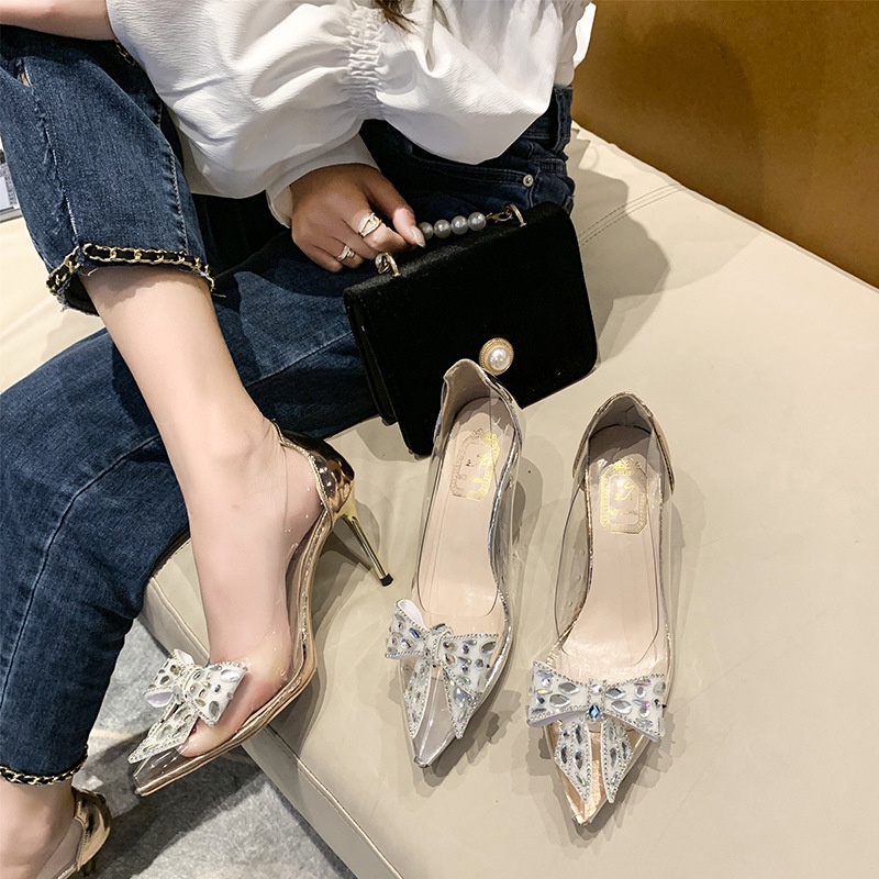 Giày Cao Gót Mũi Nhọn Quai Trong Suốt Đính Nơ Phong Cách Pháp Thời Trang Xuân Hè 2022 Cho Nữ