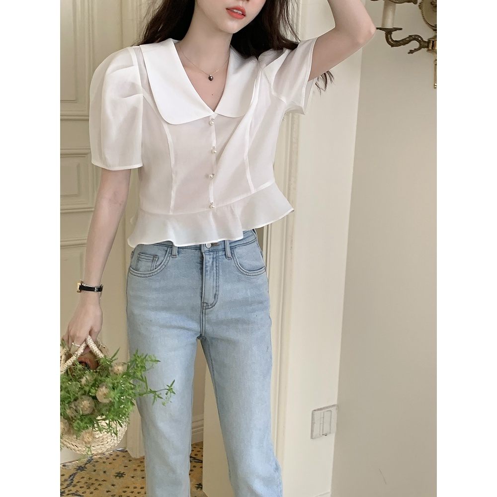 SUXI Áo Sơ Mi Tay Phồng Ngắn Cổ Búp Bê Phối Bèo Kiểu Pháp Dễ Thương