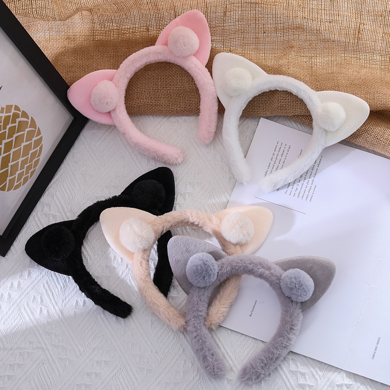 Băng Đô Cài Tóc Rửa Mặt Hình Tai Mèo Phủ Lông Dễ Thương Cho Nữ