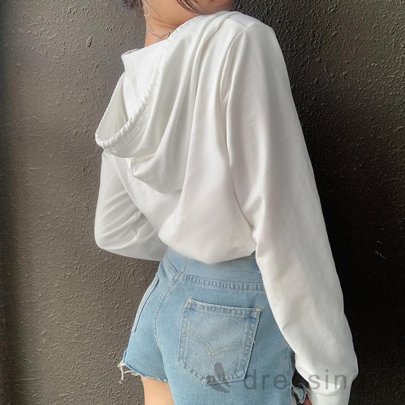 Áo croptop tay dài màu trơn phối mũ trùm có dây rút thời trang mùa thu cho nữ