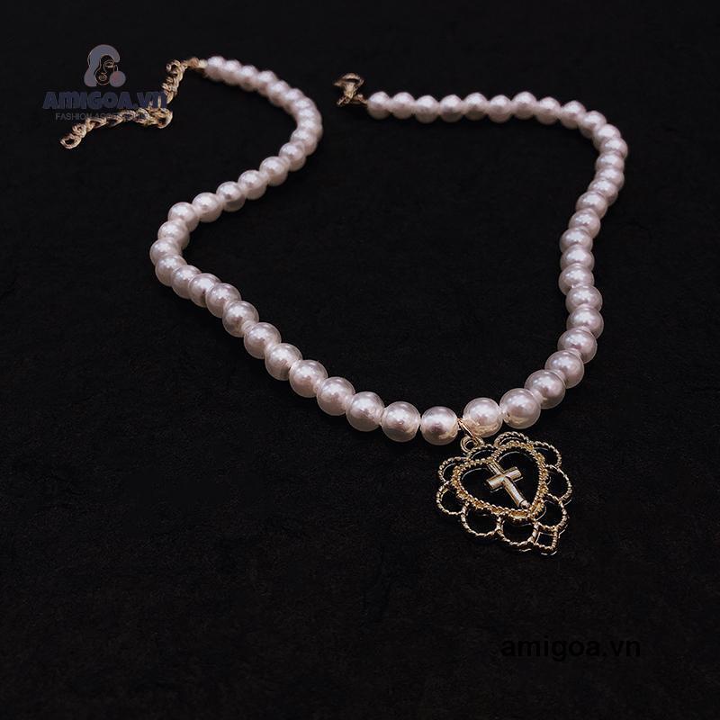 ✨✨Vòng cổ chuỗi hạt ngọc trai giả mặt dây hình trái tim đính đá giả thời trang sang trọng cho nữ