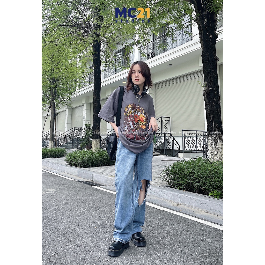 Quần jeans suông rách cutout MINIONCLOTHING lưng cạp cao Unisex nam nữ pants bigsize Ulzzang Streetwear Hàn Quốc Q607