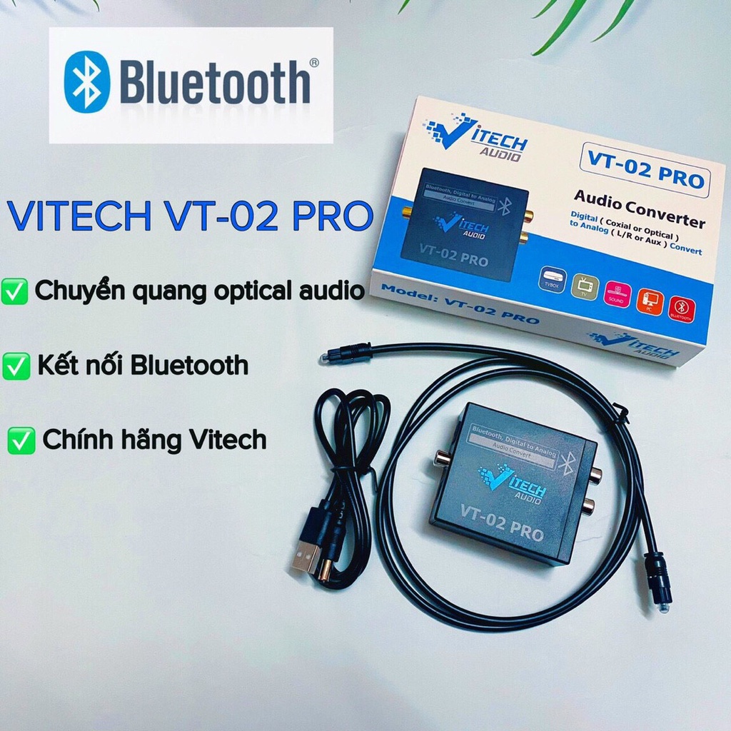 Bộ Chuyển Âm thanh Vitech VT-02Pro Optical Sang Audio AV Có bluetooth không dây, Tặng dây quang 1m