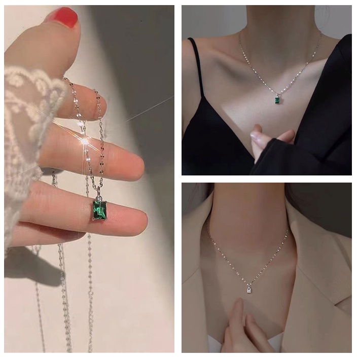 Vòng cổ Mặt Vuông Đính Đá Zircon Màu Xanh Lá Cây Thiết Kế Sang Trọng Cổ Điển Phong Cách Hàn Quốc