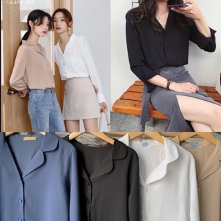 Áo sơ mi cổ vest chất liệu voan lụa tay dài