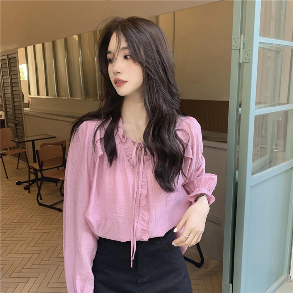 Áo Kiểu Tay Dài Cổ Chữ V Phối Ren Xếp Ly Thời Trang 50147