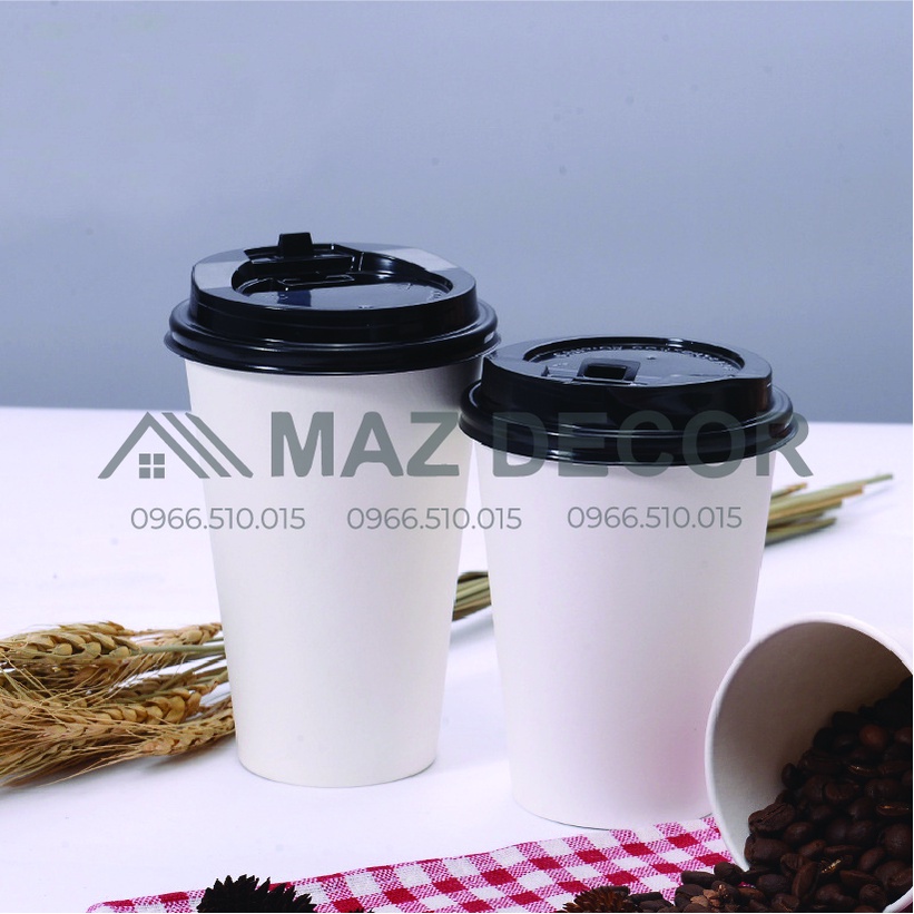 Gía Sỉ set 50 Chiếc Cốc ly bằng Giấy Trắng Giữ Nhiệt Tốt Loại 9oz Nắp Đen ống hút đồ nóng