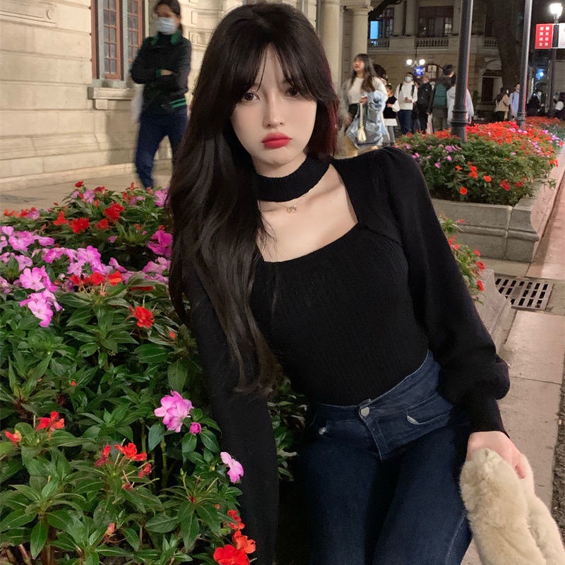 Áo sweater COZOKC dệt kim tay dài cổ vuông thời trang trẻ trung