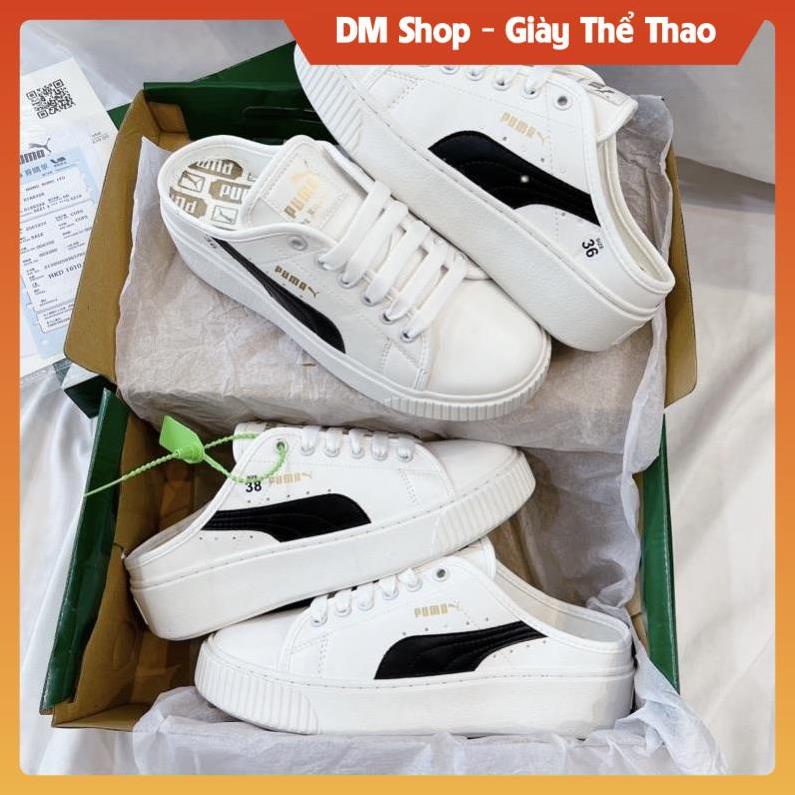 Giày Sục Đạp Gót Nữ PM Trắng Vạch Đen, Giầy đặp gót, mõm nhũ, vàng, hồng, ánh kim, đế nâu