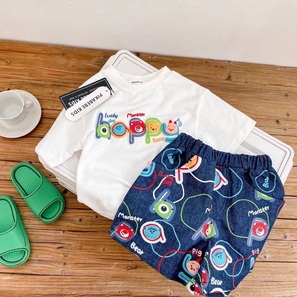 Áo Thun 100% Cotton Tay Ngắn Cổ Tròn In Họa Tiết Hoạt Hình Phong Cách Hàn Quốc Cho Bé Trai