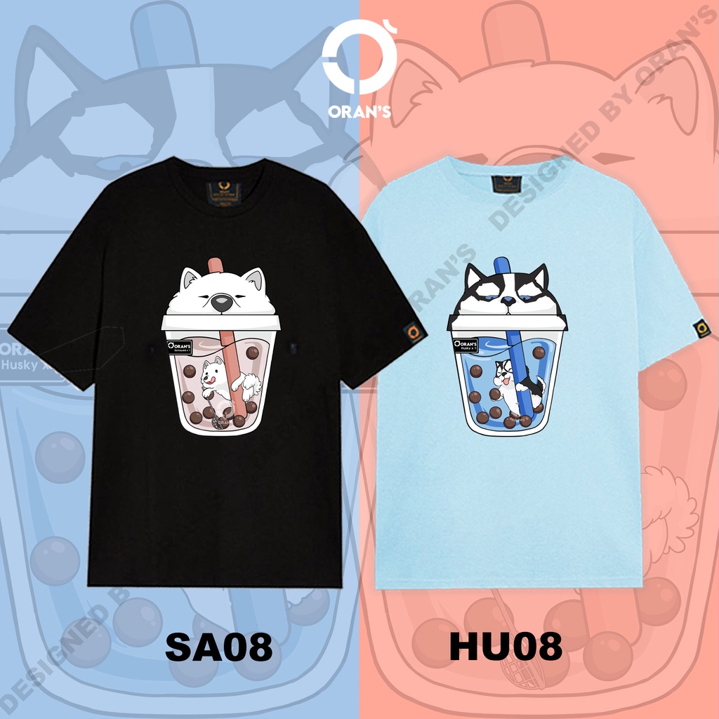 Áo thun Couple Tee trà sữa chó mèo nam nữ tay lỡ Oversize chất COTTON 4C, FULLBOX - ORAN'S TEE - Chó Husky và Samoyed