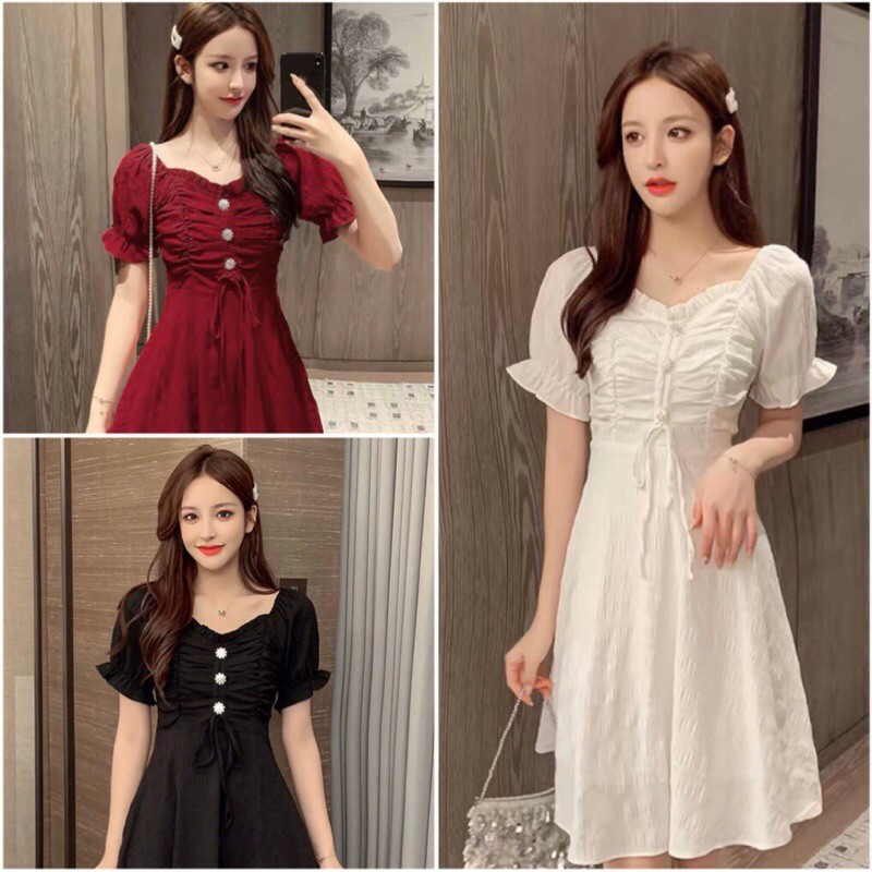 Đầm rút ngực đính 3 nút hoa cúc ngắn tay xòe - Dáng xòe 3 màu - Sky Of Love Official | BigBuy360 - bigbuy360.vn