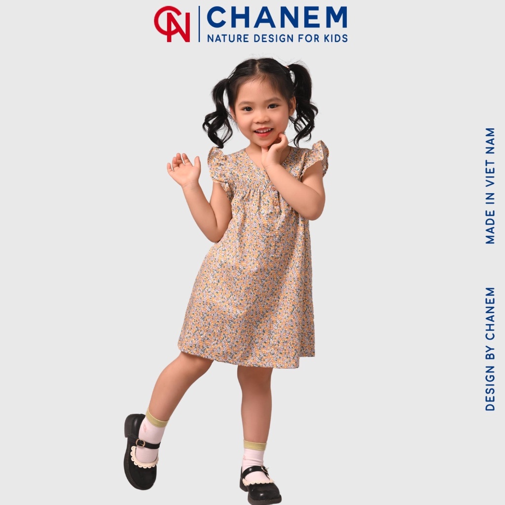 Váy hoa vàng cánh tiên mặc được 2 mặt SARAV DRESS (1 mặt cổ vuông &amp; 1 mặt cổ chữ V) - Đầm cho bé gái CHANEM
