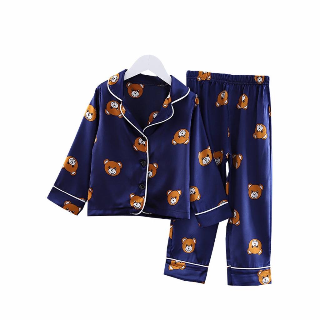 Đồ Ngủ Lụa Cho Bé In Hình Chú Gấu Cute, Pijama Dài Tay Cho Bé Trai Gái Mặc Đều Xinh - MINKY SOON