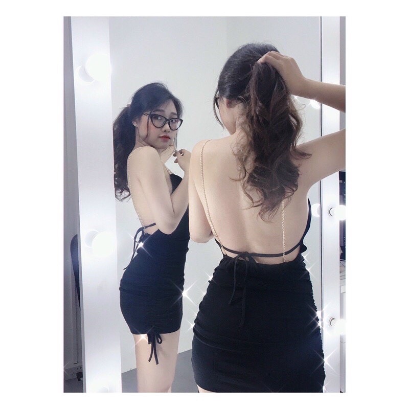 Đầm Body 2 Dây Hở Lưng Phối Dây Xích Sexy Gợi Cảm, Có Mút Ngực và Dây Rút
