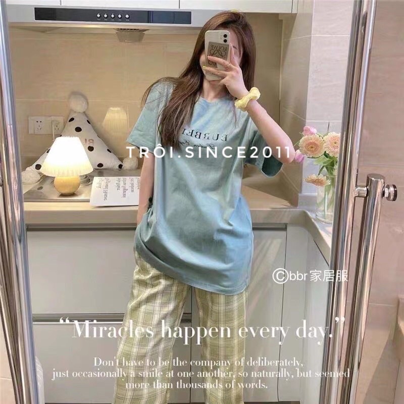 (Siêu rẻ) Bộ mặc nhà nữ tay ngắn hoạ tiết trẻ trung, chất thun co dãn