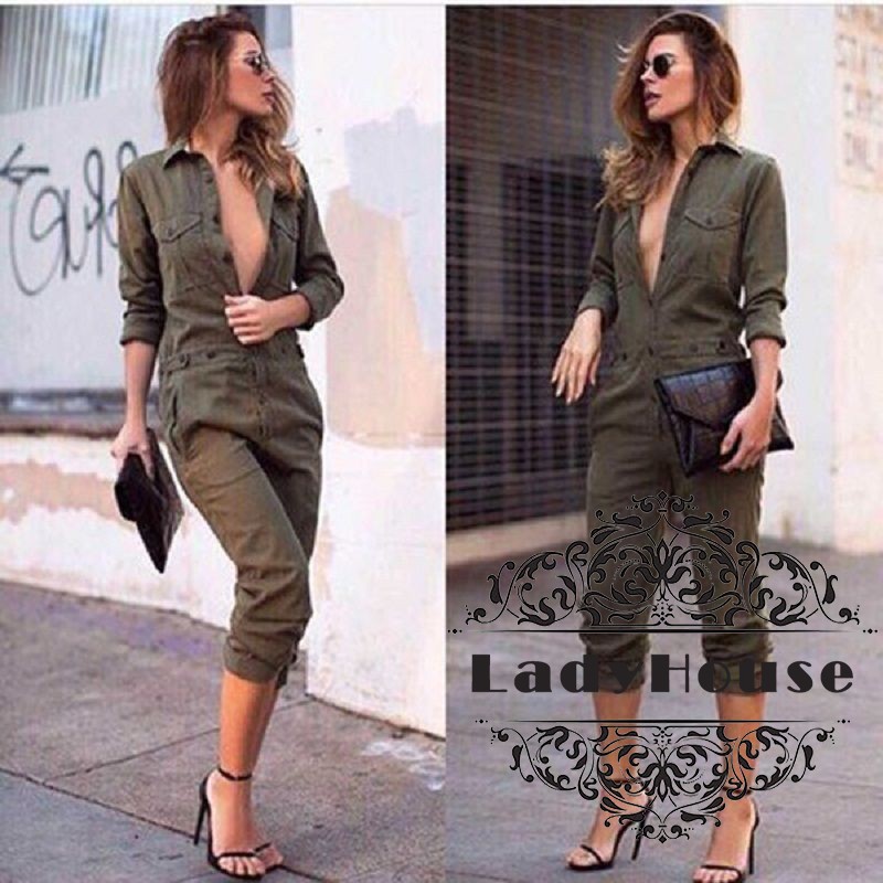 Jumpsuit Nữ Cổ Chữ V Màu Xanh Quân Đội Quyến Rũ Thời Trang 2018