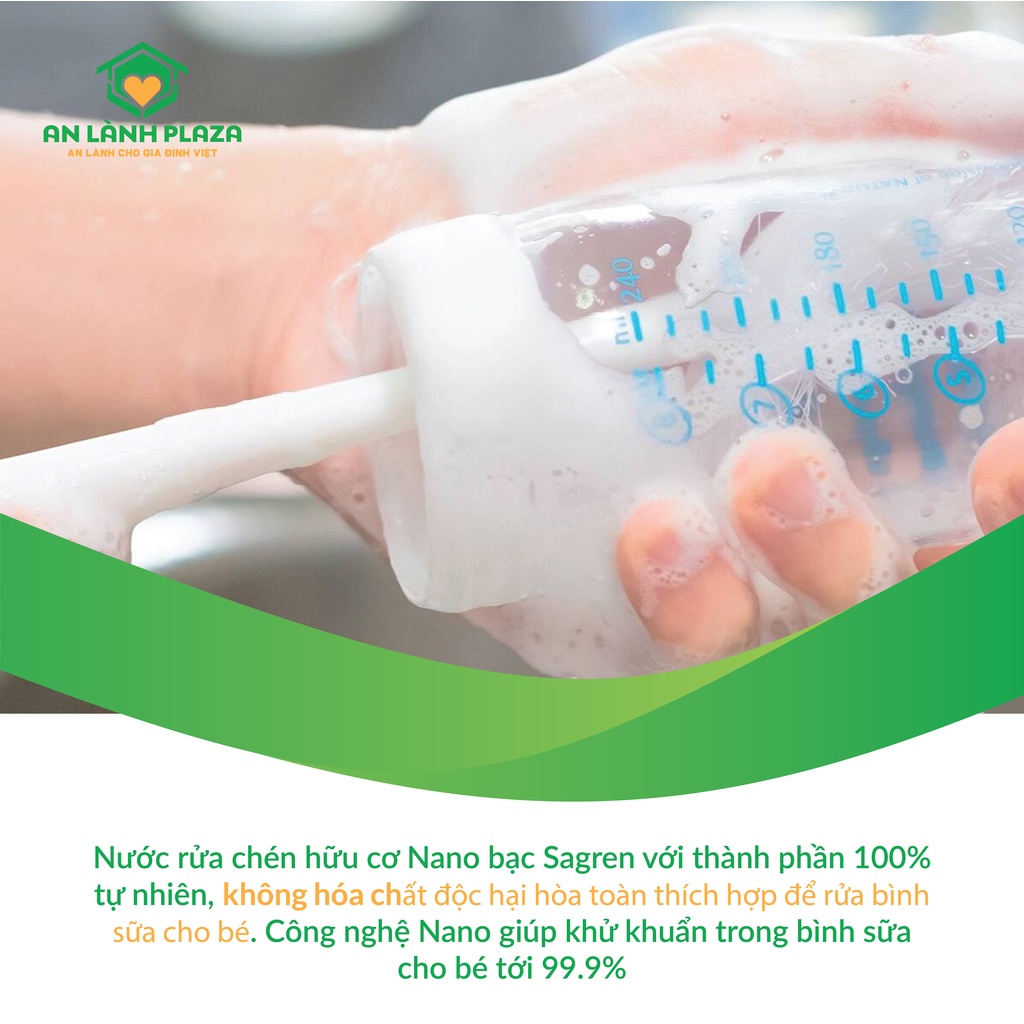 Combo Nước rửa chén bát hữu cơ Sagren 450ml và nước rửa rau củ quả Sagren 1000ml - An Lành Plaza