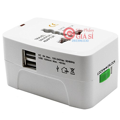 phích cắm 3 chấu du lịch,kèm 2 cổng USB, chuyển 3 chấu thành 2 chấu