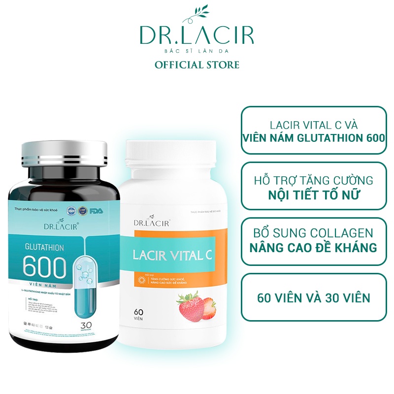 Combo Viên uống vitamin C DR.LACIR  hộp 60 viên và viên uống trắng da glutathione 600 DR.LACIR hộp 30 viên