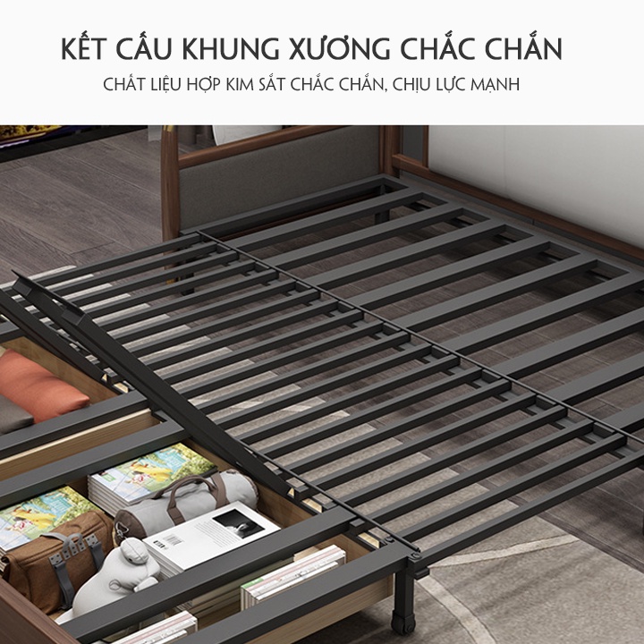 Giường sofa tay gỗ đa năng có hôc chứa đồ. Chất liệu khung thép tĩnh điện bọc vải nano chống thấm cao cấp