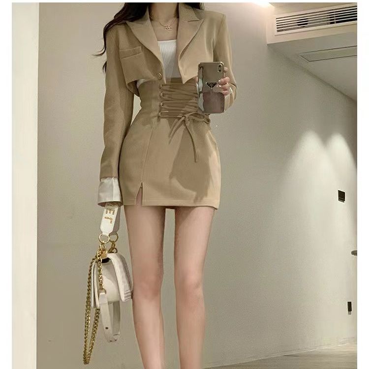 Honypove Bộ Áo Khoác Ngắn + Chân Váy Ngắn Lưng Cao Phong Cách Mới Cho Nữ