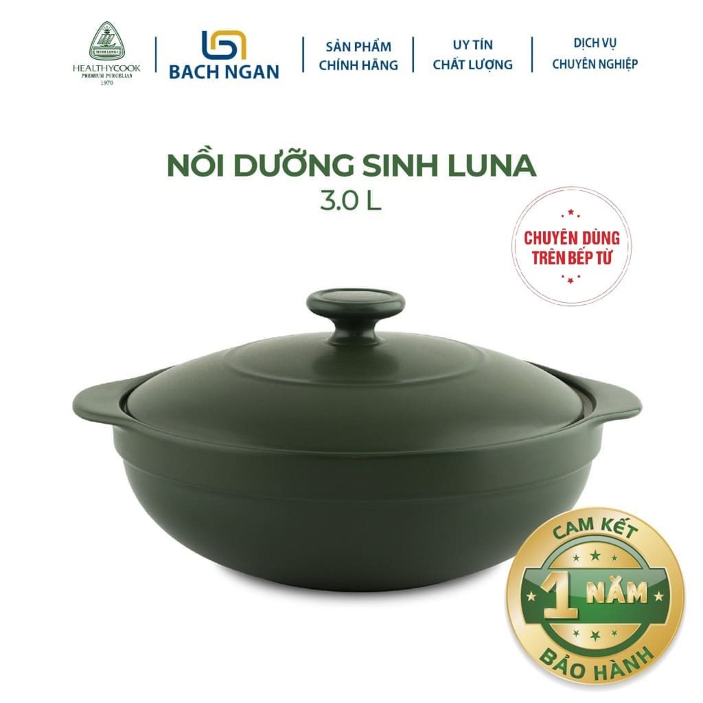 Nồi sứ dưỡng sinh Minh Long Luna 3.0L chuyên dùng cho BẾP TỪ có nắp đậy, tráng men màu sứ xanh rêu