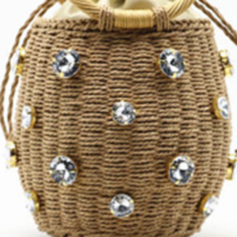 Straw Handle Woven Women Bag New Diamond Pearl Straw Handbag Brown