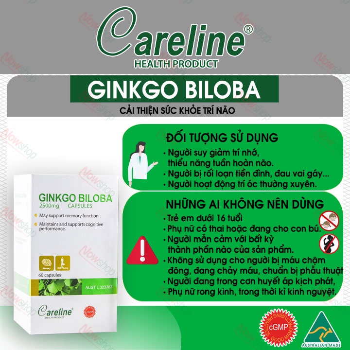 Viên uống bổ não Careline Ginkgo Biloba hỗ trợ hoạt huyết dưỡng não tăng cường trí nhớ cải thiện chứng đau đầu chóng mặt