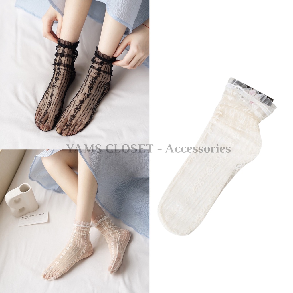 Tất ren nữ cổ ngăn bo viền Tất ren mỏng lolita phối kết hợp với giày MJ,...