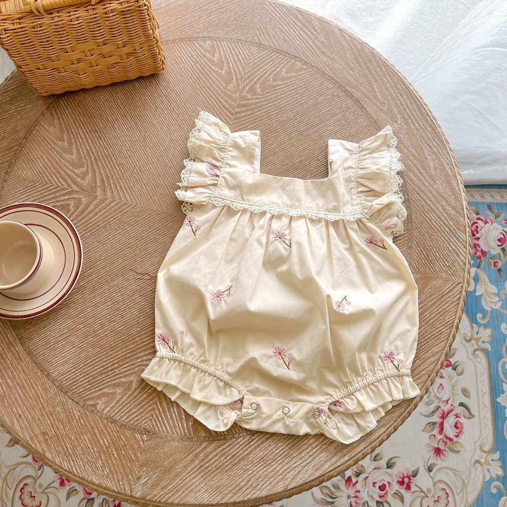 Áo Liền Quần Cổ Vuông Bằng Cotton Thêu Ren Dễ Thương Dành Cho Bé