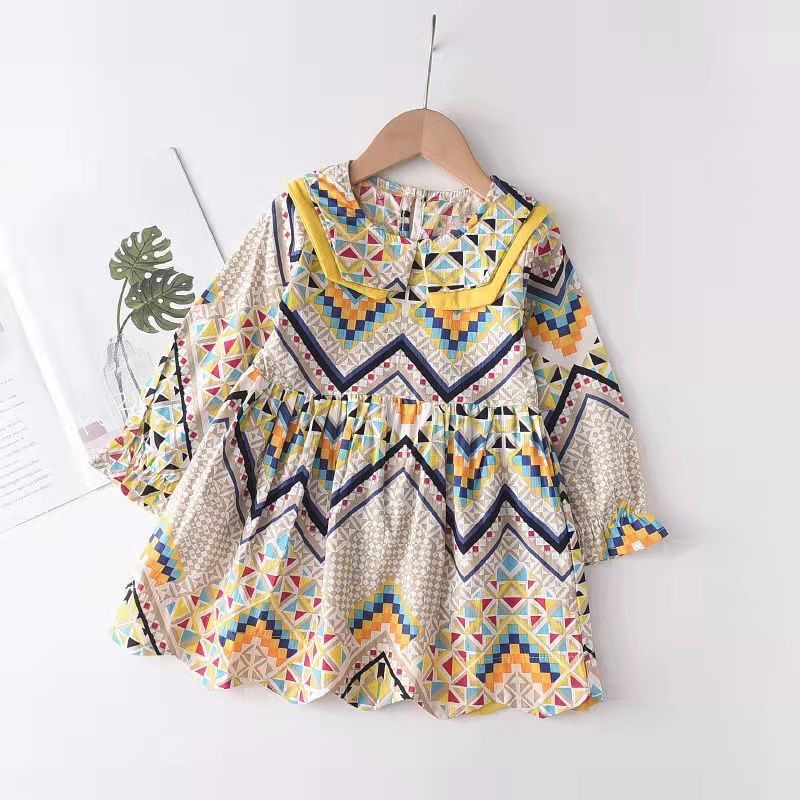 Váy be dài tay phối hoạ tiết thổ cẩm cho bé gái  N01095