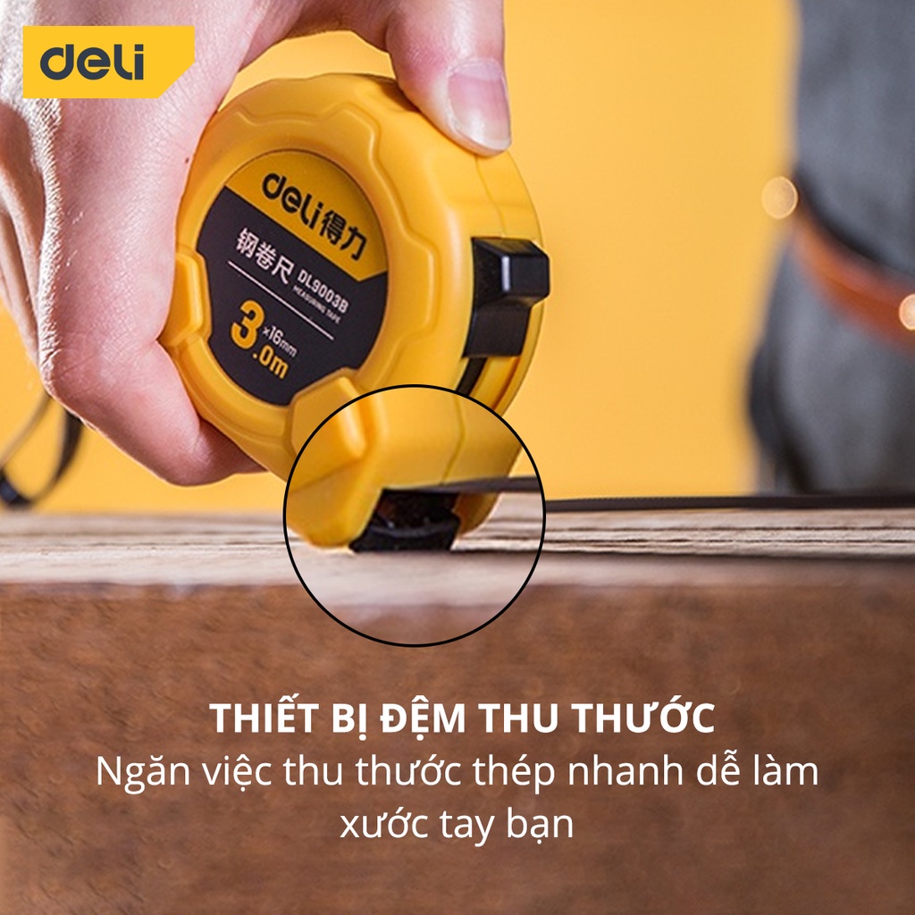 Thước Cuộn Thép Deli Cao Cấp Chính Hãng Đủ Size - Chất Liệu ABS Bọc Cao Su Chắc Chắn Chống Va Đập - DL3796 / EDL9003B