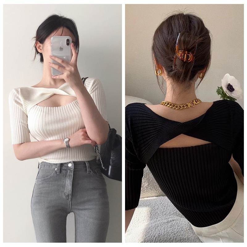 Áo Dệt Kim Tay Lửng Cổ Tròn Màu Sắc Trơn Thời Trang Mùa Hè Cho Nữ