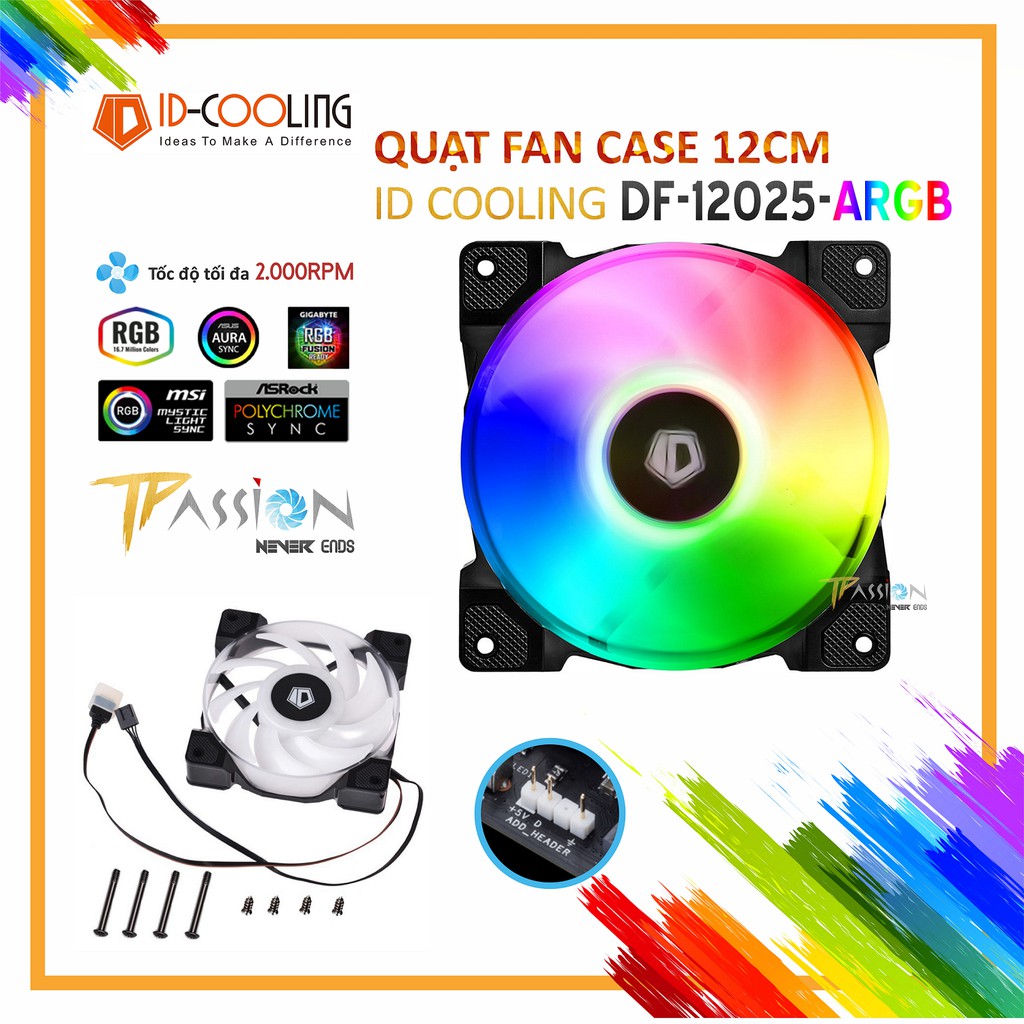 Quạt Fan Case 12cm ID-Cooling DF-12025 ARGB - Hiệu ứng RGB cầu vồng đẹp, sức gió tốt, quay mạnh 2000rpm, chống ồn