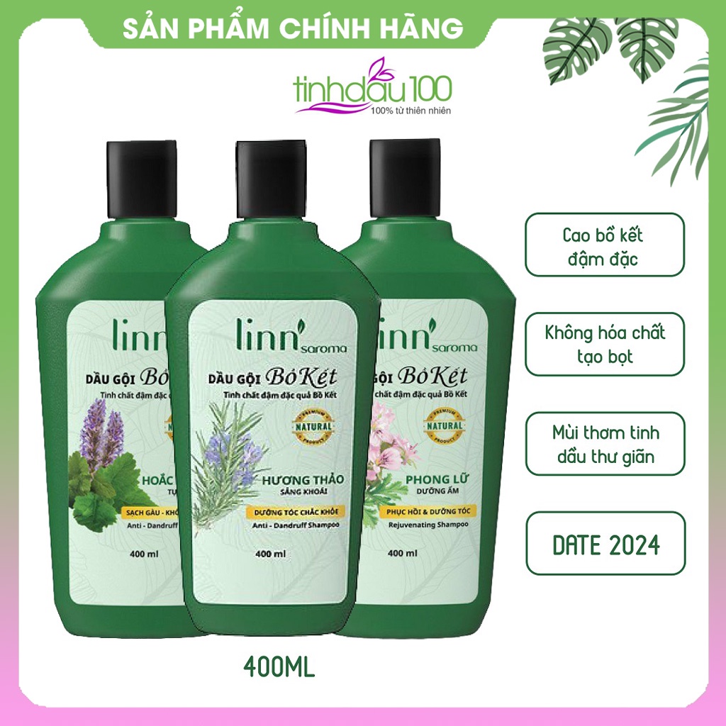 Dầu gội Bồ kết Linn Saroma với tinh dầu Bạc hà, Oải hương cho tóc thường, dầu, khô, gàu chai 400ml Tinh Dầu 100 Shop