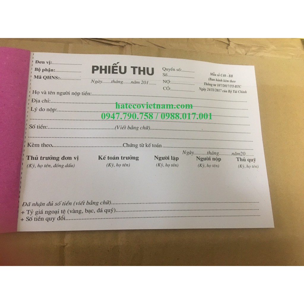 Phiếu thu 1 liên A5 Bãi Bằng