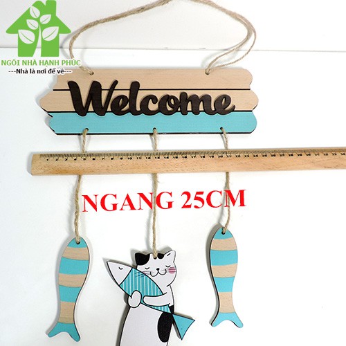 Bảng gỗ decor trang trí SHOP  Mẫu BM_035 WELCOME MÈO ÔM CÁ